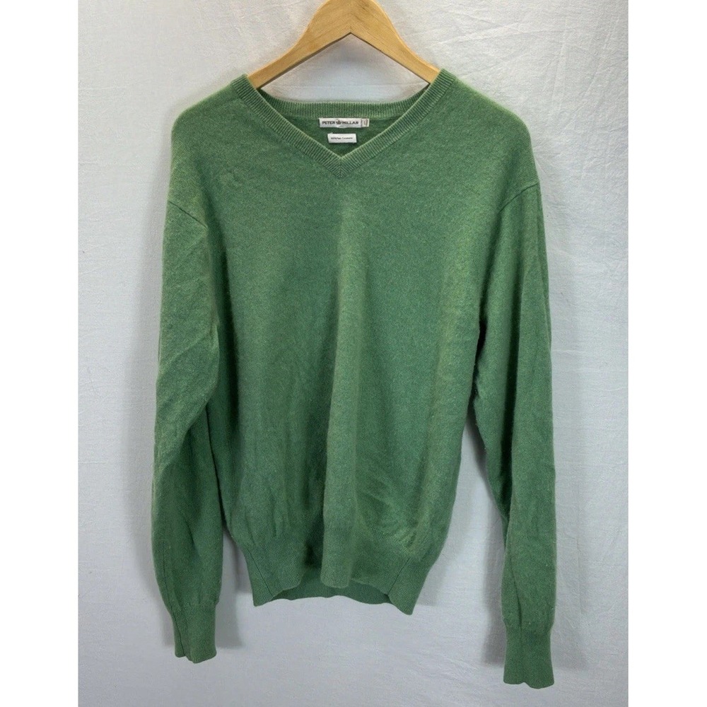 Peter Millar Mens L Green 100% Pure Cashmere V-Neck Pullover Sweater Golf Preppy